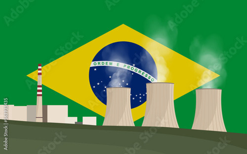 Nuclear power plant in Brazil. Electricity generation production. Power station on Brazilian flag background. Nuclear power stations vector illustration