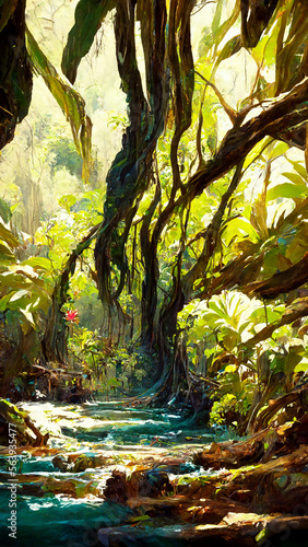 forest Mayan style riverside flowers and trees illustration art Generative AI Content by Midjourney