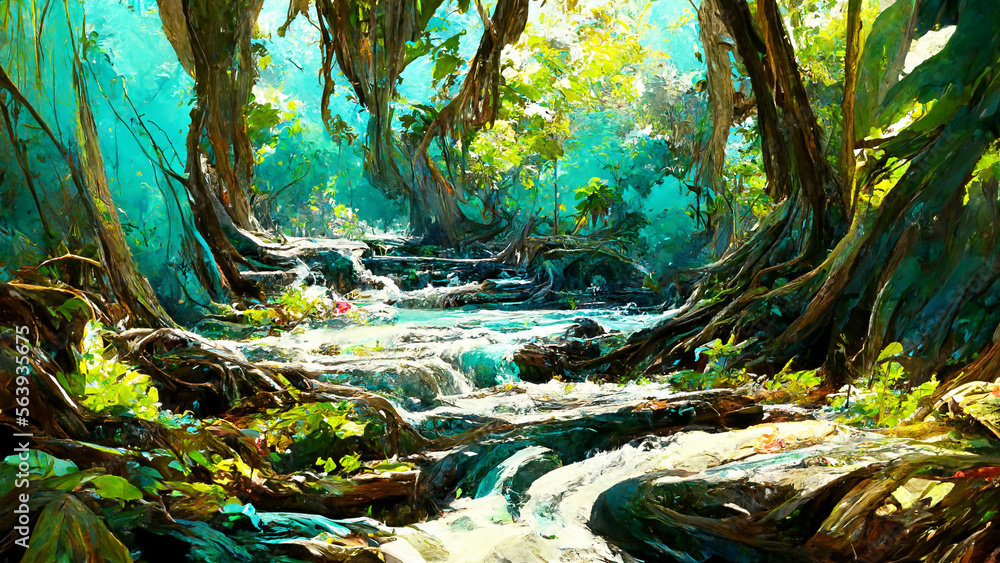 forest Mayan style riverside flowers and trees illustration art Generative AI Content by Midjourney