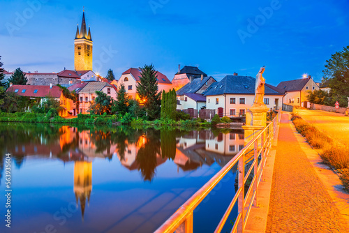 Telc, Moravia. Historical city in Czech Republic, Ulicky Pond water reflection. photo