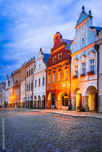 Telc, Czech Republic. Baroque architecture downtown of historical city, Hradce Square, world heritage in Moravia.