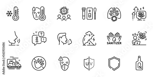 Outline set of Uv protection, Do not touch and Stress grows line icons for web application. Talk, information, delivery truck outline icon. Include Medical mask, Shield, Covid test icons. Vector