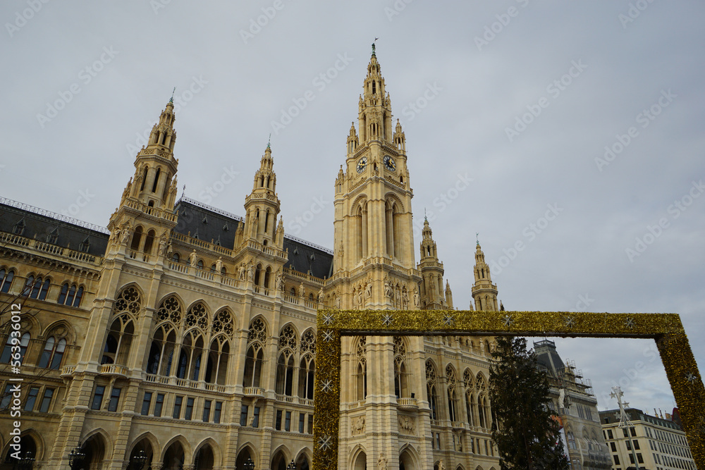 The beautiful architecture of the City Hall at Christmas in Vienna