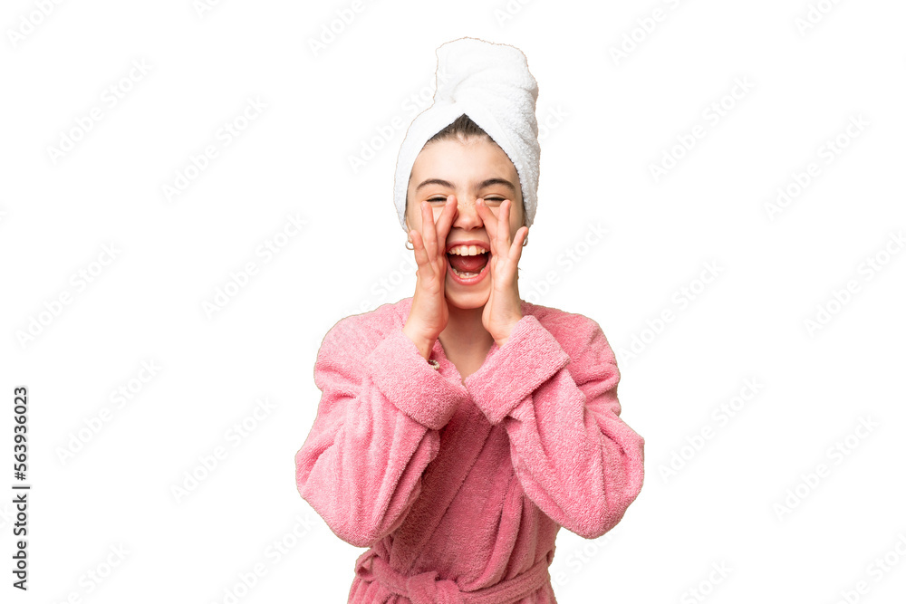Little girl in a bathrobe over isolated chroma key background shouting and announcing something Little girl in a bathrobe over isolated chroma key background shouting and announcing something