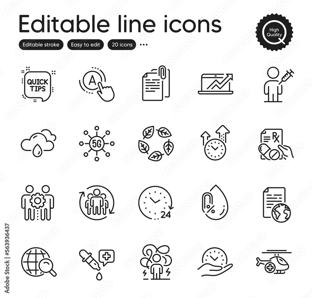Set of Science outline icons. Contains icons as 5g technology, Employees teamwork and Chemistry pipette elements. Prescription drugs, Internet search, People vaccination web signs. Vector
