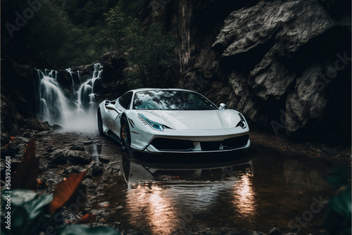 White Sports car near waterfall nature illustration generative ai photo