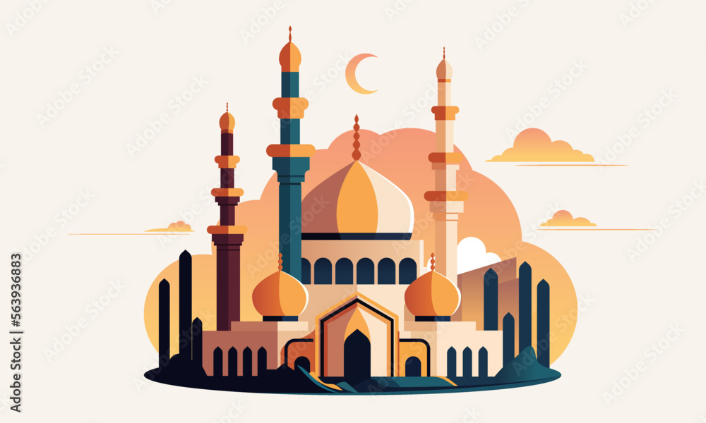 Flat style Muslim mosque isolated on white background.Vector illustration cartoon design.Beautiful muslim temple icon illustration.Eid Mubarak greetings.Ramadan Kareem.
