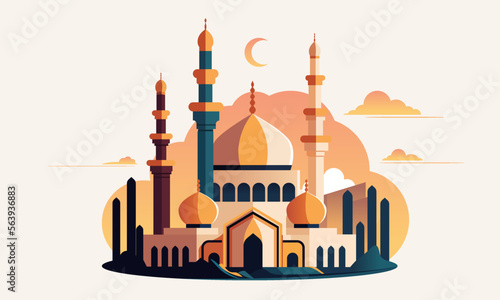Flat style Muslim mosque isolated on white background.Vector illustration cartoon design.Beautiful muslim temple icon illustration.Eid Mubarak greetings.Ramadan Kareem.
