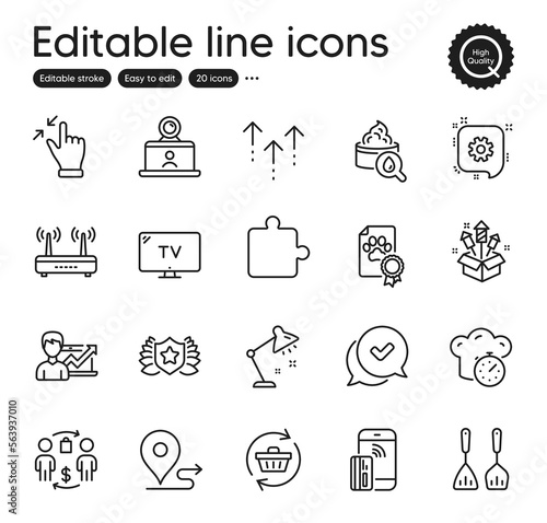Set of Business outline icons. Contains icons as Fireworks rocket, Tv and Approved elements. Moisturizing cream, Buying process, Cooking timer web signs. Touchscreen gesture. Vector