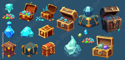 Treasure chest and bag with gem stones game symbol. Ancient fantasy riches. Isolated on background. Vector illustration