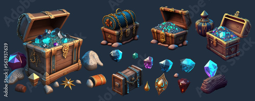 Treasure chest and bag with gem stones game symbol. Ancient fantasy riches. Isolated on background. Vector illustration