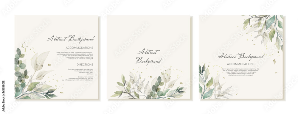 Set of square social media post templates in Rustic style with green leaves, eucalyptus and branches. Wedding invitation cards in watercolour contemporary style. Vector