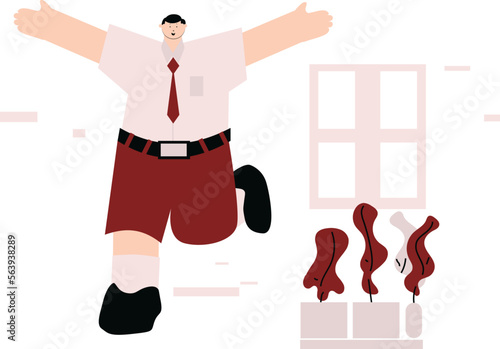 a fat guy with black hair wearing a red and white school uniform is running and looks happy
