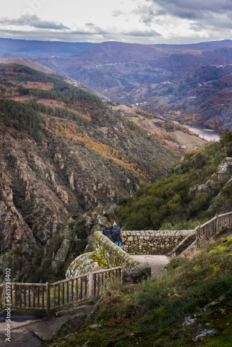People looking over the Sil river canyon. Landscape view of Balcones de Madrid, Ribeira Sacra, Ourense, Galicia, Spain