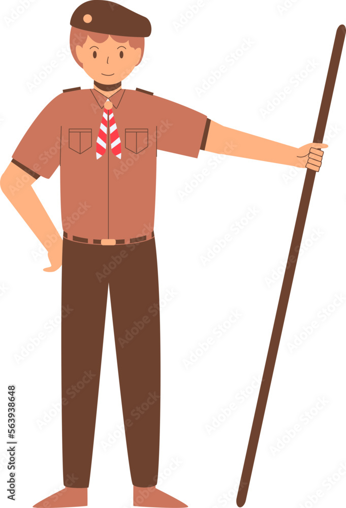 a brown-haired man wearing a scout uniform equipped with a red and white hat and tie was standing with one hand holding a stick
