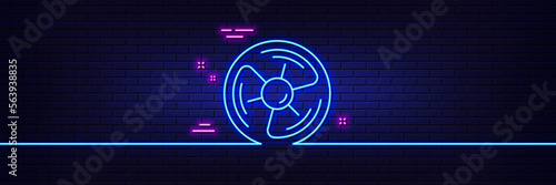 Neon light glow effect. Air fan line icon. Wind turbine energy sign. Ventilation rotor symbol. 3d line neon glow icon. Brick wall banner. Air fan outline. Vector