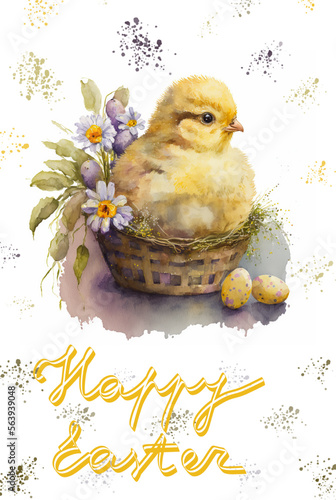 Happy Easter greeting card. Watercolor illustrations of cute fluffy chicken, colored eggs, flowers, basket, plants and congratulations frame. Clip art for poster, invitation, card.
