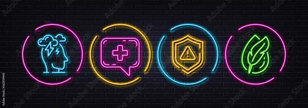 Shield, Medical chat and Stress minimal line icons. Neon laser 3d lights. Hypoallergenic tested icons. For web, application, printing. Safe secure, Medicine help, Mind anxiety. Feather. Vector