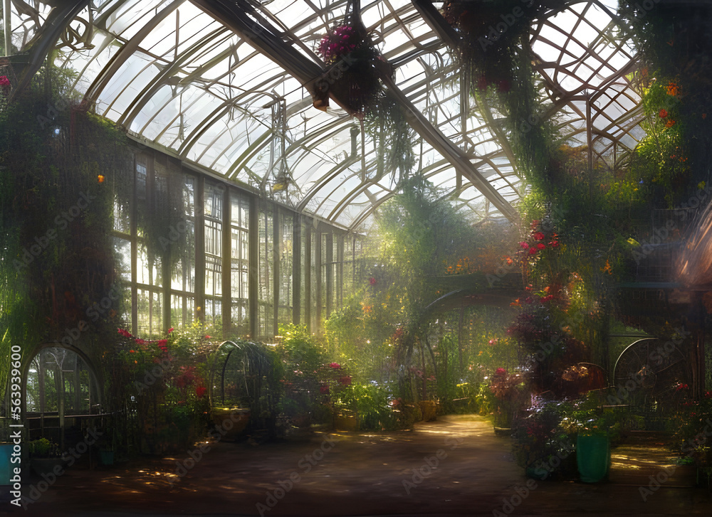 Painting of a large old glasshouse filled with an abundance of vibrant flowers and lush green plants, generative ai illustration Painting of a large old glasshouse filled with an abundance of vibrant flowers and lush green plants, generative ai illustration