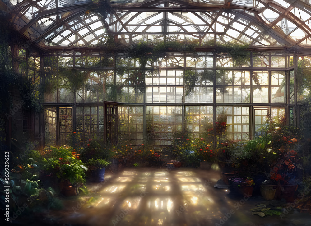 Painting of a large old glasshouse filled with an abundance of vibrant flowers and lush green plants, generative ai illustration