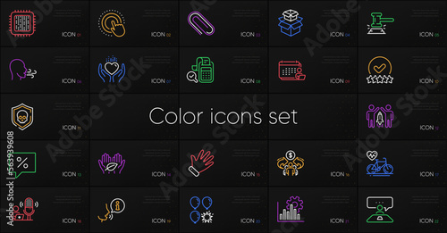 Set of Fair trade, Sharing economy and Accounting line icons. Include Balloon dart, Interview job, Click hand icons. Cpu processor, Judge hammer, Bill accounting web elements. Vector