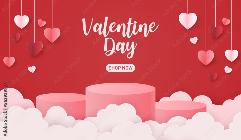 valentines day podium display and heart balloon on red background. happy valentine sale paper cut art style. vector illustration craft paper.