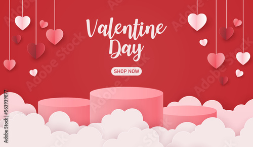 valentines day podium display and heart balloon on red background. happy valentine sale paper cut art style. vector illustration craft paper.