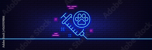 Neon light glow effect. Dog vaccination line icon. Veterinary clinic sign. Pets care symbol. 3d line neon glow icon. Brick wall banner. Dog vaccination outline. Vector