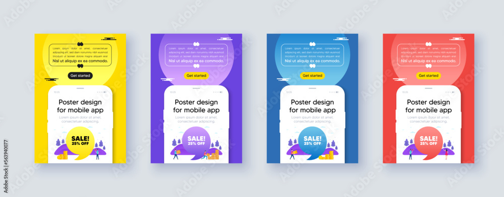 Poster frame with phone interface. Sale 25 percent off discount. Promotion price offer sign. Retail badge symbol. Cellphone offer with quote bubble. Sale message. Vector