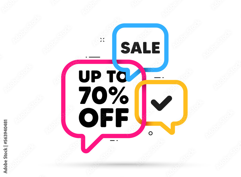 Up to 70 percent off sale. Ribbon bubble chat banner. Discount offer coupon. Discount offer price sign. Special offer symbol. Save 70 percentages. Discount tag adhesive tag. Promo banner. Vector Up to 70 percent off sale. Ribbon bubble chat banner. Discount offer coupon. Discount offer price sign. Special offer symbol. Save 70 percentages. Discount tag adhesive tag. Promo banner. Vector