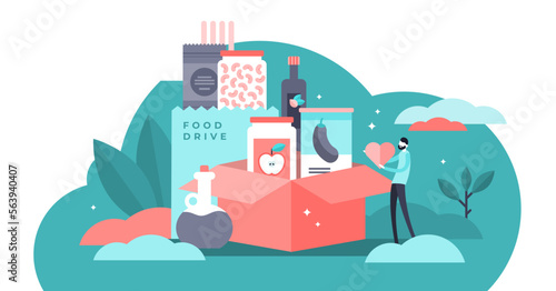 Food drive illustration, transparent background. Flat tiny grocery charity persons concept. Canned lunch donation to support poor community. Social responsibility and humanitarian help.