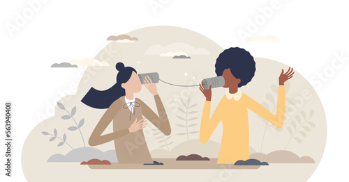 Friends talking in conversation for information exchange tiny person concept, transparent background. Communication as speaking and listening process illustration. Phone usage scene.