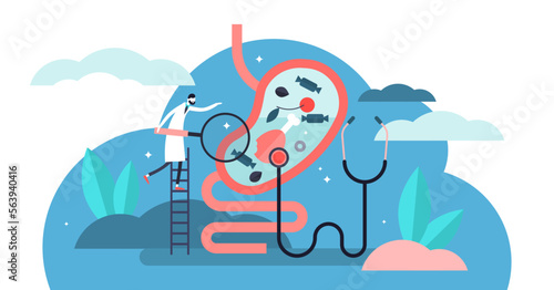 Gastroenterology illustration, transparent background. Flat tiny stomach doctor persons concept. Medical internal organs disease health care.