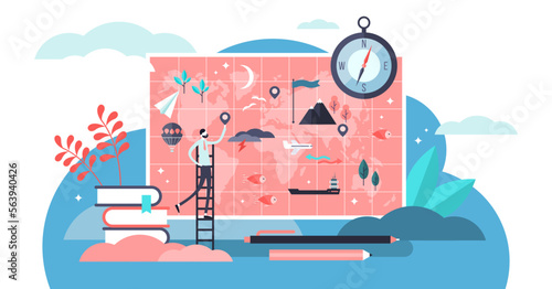 Geography illustration, transparent background. Flat tiny atlas earth study persons concept. Abstract topography science and knowledge learning from teacher in school or university.