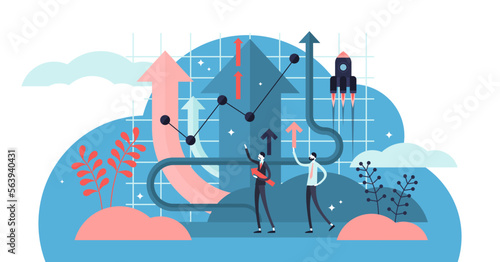Growth illustration, transparent background. Flat tiny product development persons concept. Symbolic and abstract banner with increased technological value presentation and productivity process.
