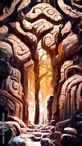 forest Mayan style tree caver illustration art Generative AI Content by Midjourney