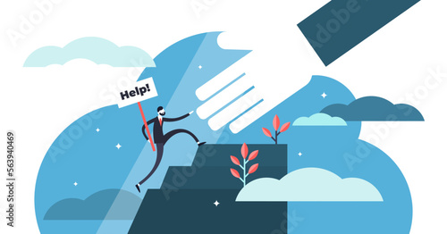 Help illustration, transparent background. Flat tiny emergency assistance person concept. Rescue solution in danger and problematic situation. Social solidarity and voluntary aid service.