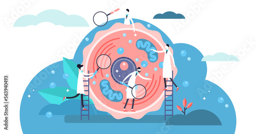 Human cell illustration, transparent background. Flat tiny stylized microbiology persons concept. Scientists examine and research life blocks structure. Laboratory for basic structural.
