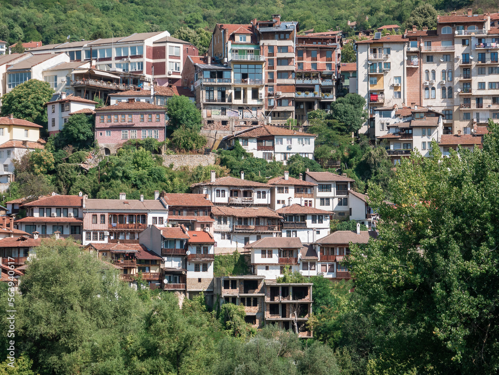 Fototapeta premium View from above with the medieval buildings and houses in Veliko Tarnovo, the historical and cultural capital of Bulgaria