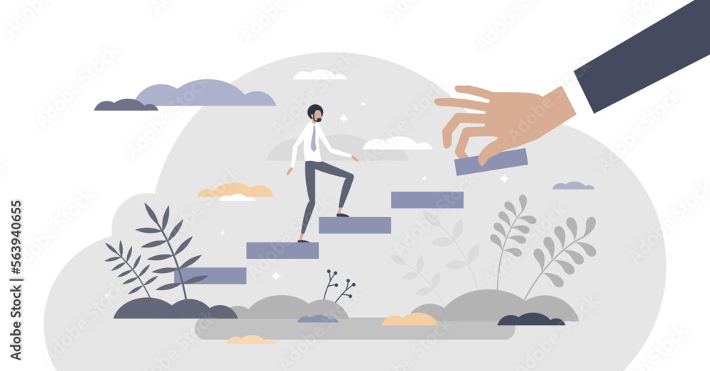 Mentoring support as coach advice to climb career ladders tiny person concept, transparent background. Strategy guide, help and solution for development and growth illustration.