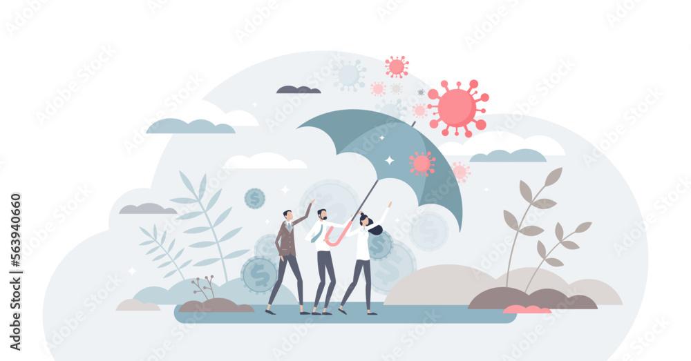 Merchant protection from pandemic crisis bankruptcy risk tiny person concept, transparent background. Symbolic umbrella as covid-19 danger prevention to business environment illustration.