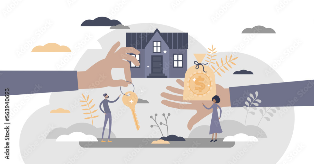 Mortgage as house property exchange for loan process flat tiny persons concept, transparent background. Bank agreement for real estate purchase financial support illustration. Buy new home.