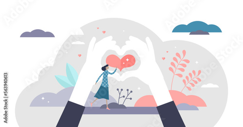 Love shape fingers sign, flat tiny person illustration, transparent background.Modern charity and volunteering activity concept.Social support and awareness campaign.
