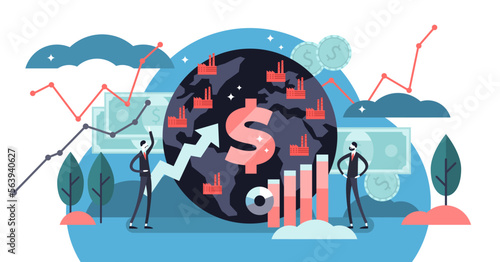 Macroeconomics illustration, transparent background. Flat tiny finance chart persons concept. Global GDP money budget graph. Positive whole stock capital income rate. photo