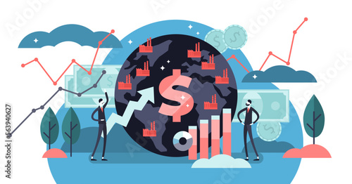 Macroeconomics illustration, transparent background. Flat tiny finance chart persons concept. Global GDP money budget graph. Positive whole stock capital income rate.