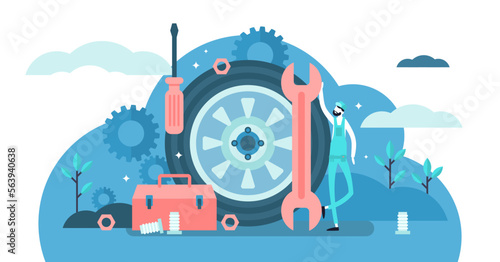 Mechanic illustration, transparent background. Flat tiny tech occupation persons concept. Professional job service for machinery repair, maintenance, fix or production. Garage industrial work.