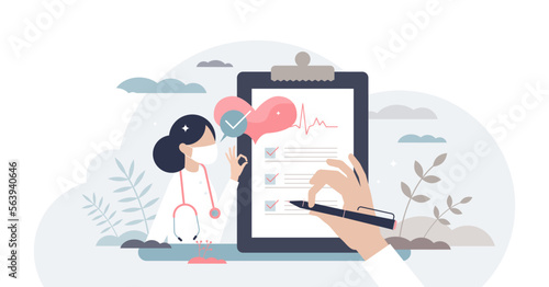 Medical checkup as annual doctor health test appointment tiny person concept, transparent background. Preventive examination reduce illness and disease diagnosis illustration.