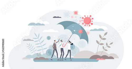 Merchant protection from pandemic crisis bankruptcy risk tiny person concept, transparent background. Symbolic umbrella as covid-19 danger prevention to business environment illustration.