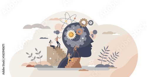 Mind process and cognitive information in human head tiny person concept, transparent background. Intelligence and knowledge development with brain performance illustration.