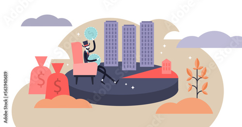 Monopoly illustration, transparent background. Flat tiny rich particular commodity person concept. Wealth and power symbolic banking character. Abstract economy term visualization.
